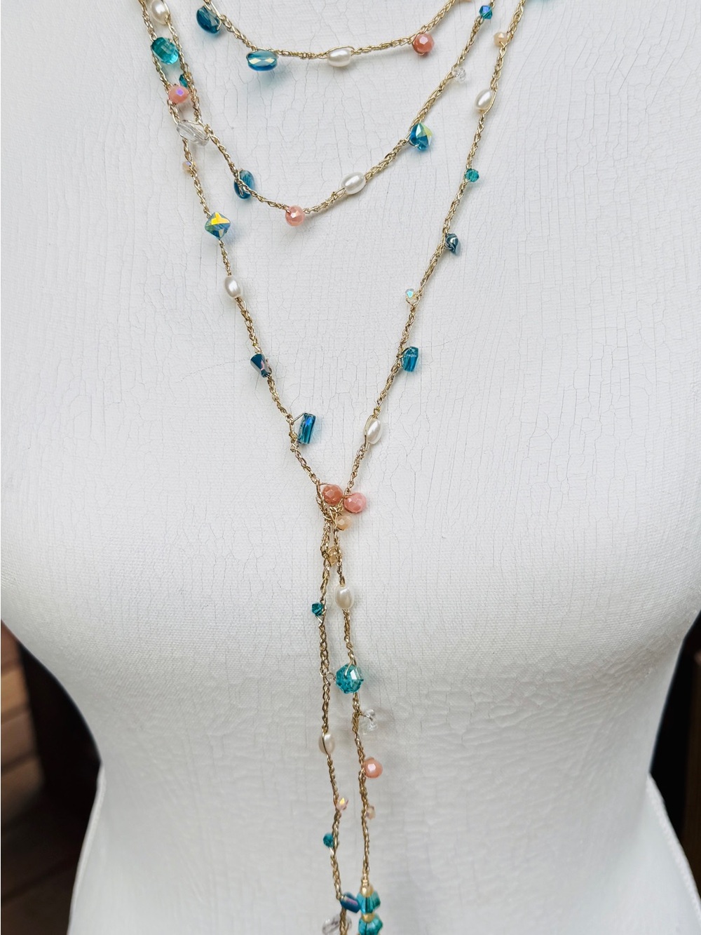Delicate Crochet Multi wrap Teal and Pink Beaded Lariat Necklace - Picture 2 of 7